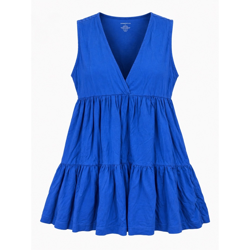 Summersalt Blue Pima Cotton Tiered Mini Dress V-Neck Sleeveless Pockets Size SM
